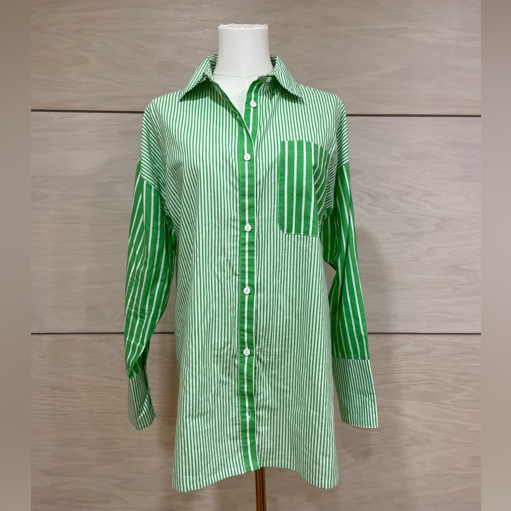 Nasty Gal Green Striped Button Down Shirt